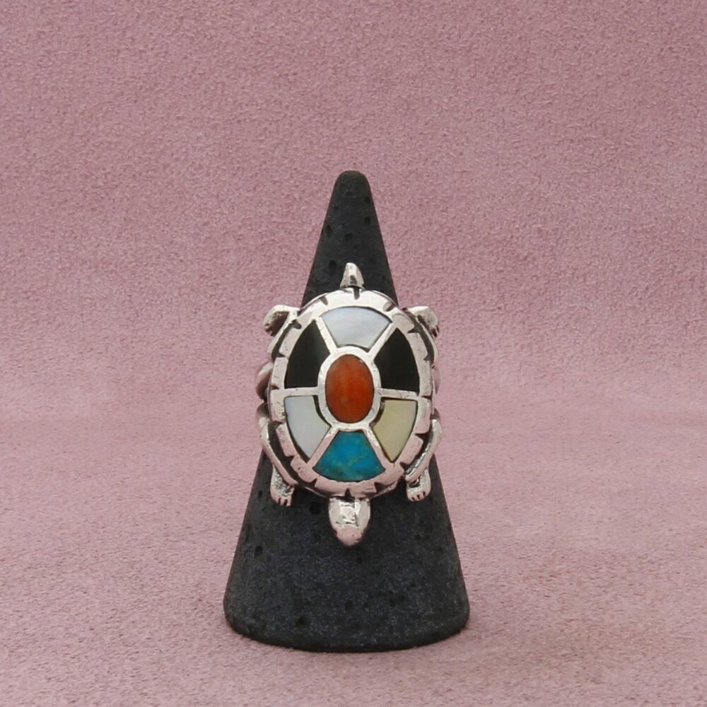 navajo sterling silver vintage turquoise onyx spiny oyster turtle ring size 7.75